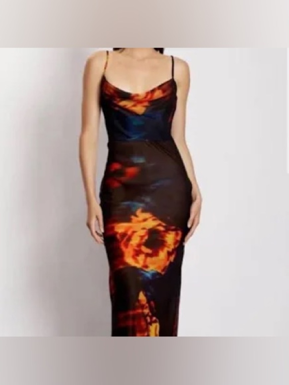 MESHKI women’s Zoey Cowl Neck Slip in Fiery Abstract Print maxi dress sz small